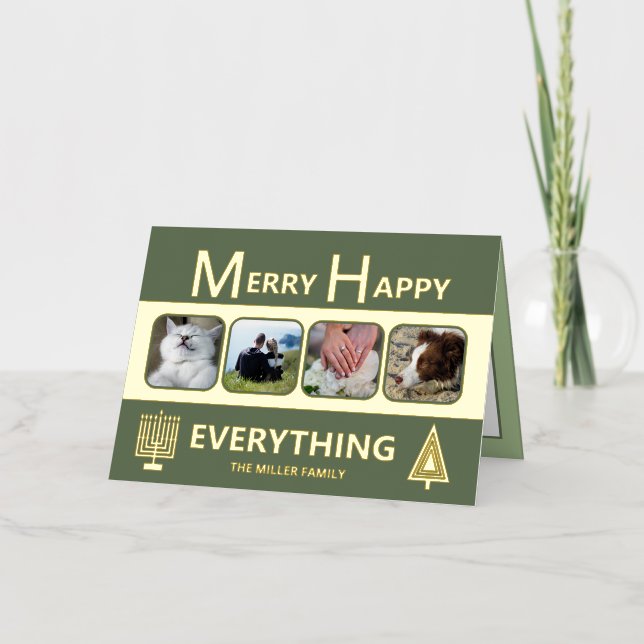 Interfaith 4 Photo Trendy Simple Green Gold Foil Holiday Card (Front)