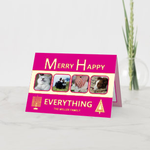 Interfaith 4 Photo Trendy Simple Pink Gold Foil Holiday Card