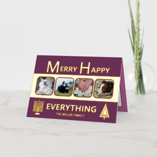 Interfaith 4 Photo Trendy Simple Purple Gold Foil Holiday Card