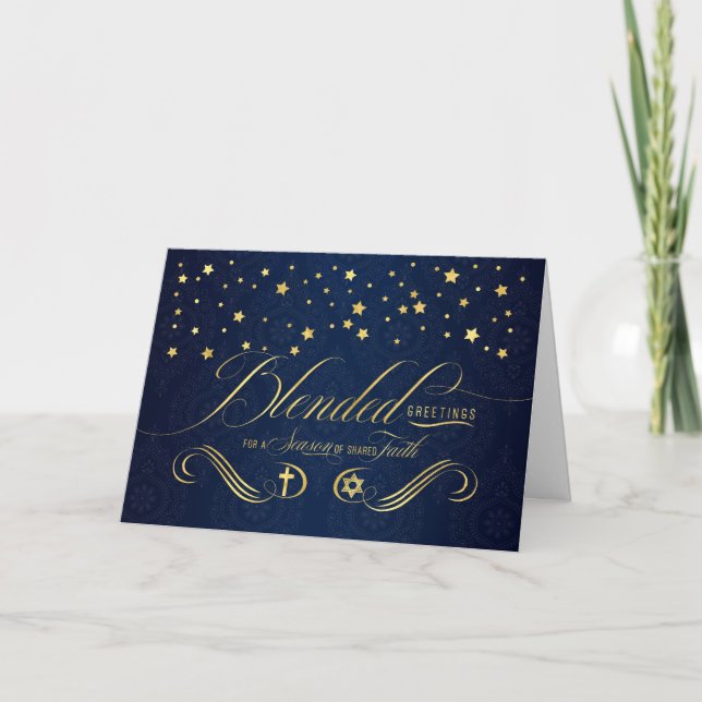 Interfaith Christmas and Hanukkah Navy Blue Gold Holiday Card (Front)
