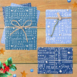 Interfaith Holiday WordArt White On Blue Kids Name Wrapping Paper Sheet<br><div class="desc">Create your own interfaith holiday word art wrapping paper in white on blue with your kid's name as part of the typography arrangement. Designed for those who celebrate Christmas and Hanukkah together, this white on blue wrapping paper is easy to customize. Each of the three sheets of gift wrap can...</div>