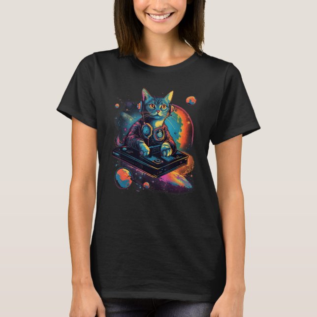Intergalactic Cosmic DJ Cat Vibrant Retro Futurist T-Shirt (Front)