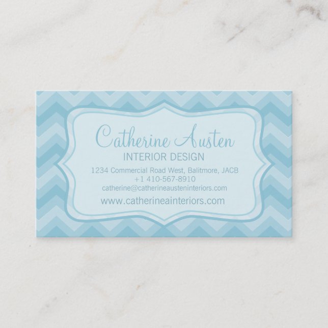 Interior design chevron zigzag blue business card (Front)
