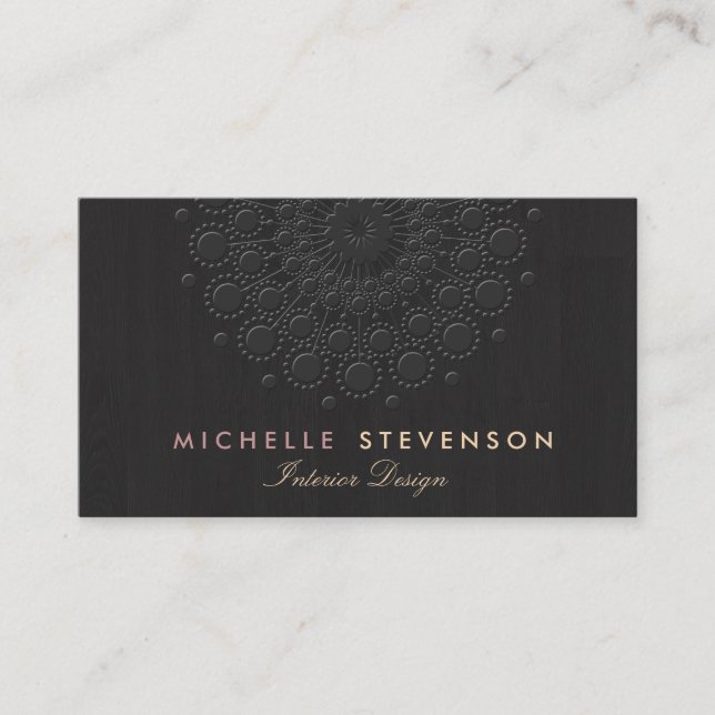 Interior Design Elegant Embossed Motif Look Black Business Card (Front)