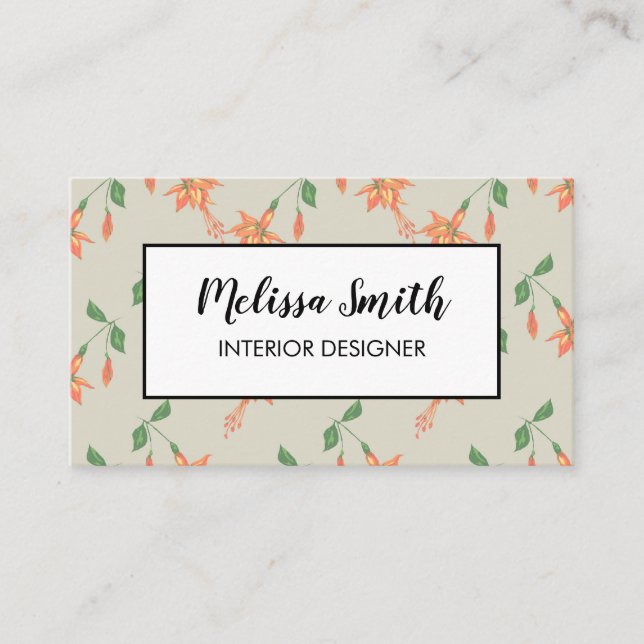 Interior Design Floral Pattern Green Business Card (Front)