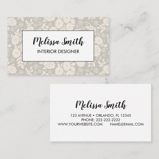 Interior Design Floral Pattern Grey Business Card (Front/Back)