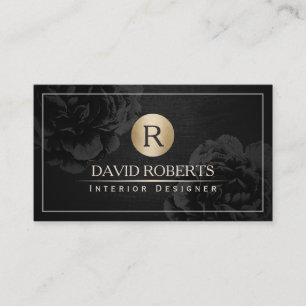Interior Design Gold Monogram Vintage Black Floral Business Card