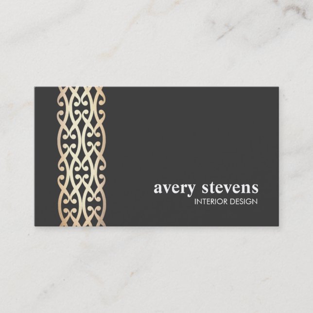 Interior Designer Elegant Gold Scrolls Black Business Card (Front)