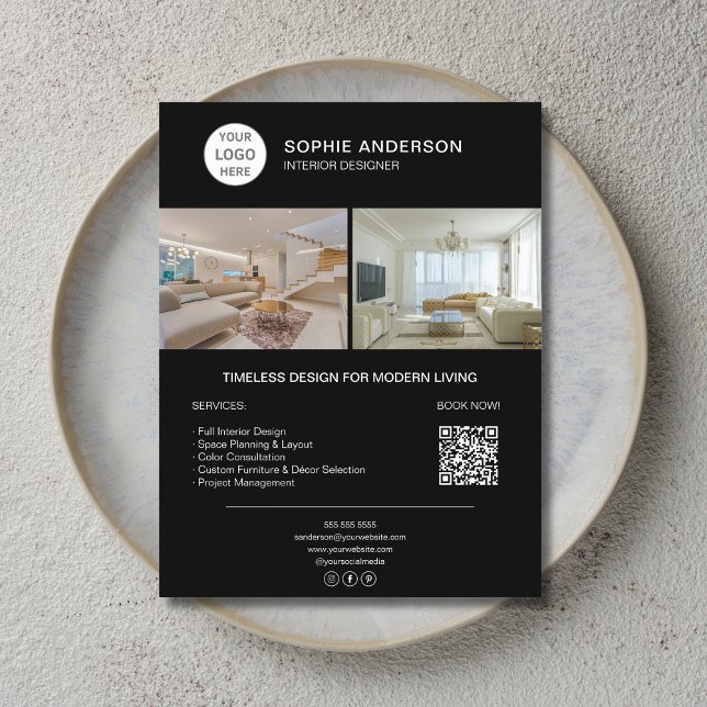 Interior Designer Logo Photo QR Black Business Flyer (Interior Designer Logo Photo QR Black Business Flyer)