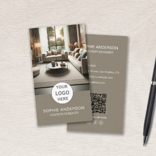 Interior Designer Logo Photo QR Social Media Taupe Business Card
