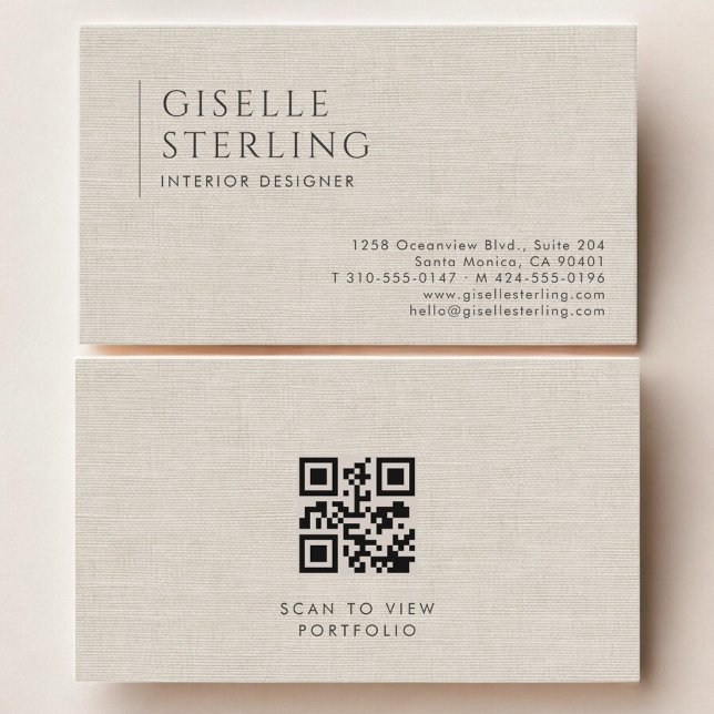 Interior Designer Luxury Neutral Linen QR Code Business Card (Creator Uploaded)