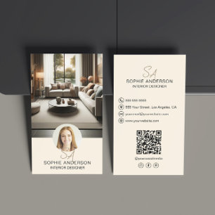 Interior Designer Monogram Photo QR Cream Business Card