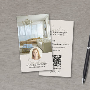 Interior Designer Photo QR Script Name Tan Business Card
