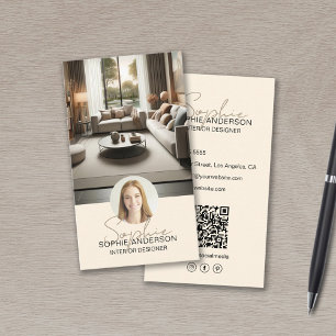 Interior Designer Script Name Photo QR Cream Business Card