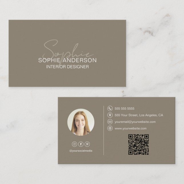 Interior Designer Script Name Photo QR Taupe Business Card (Front/Back)