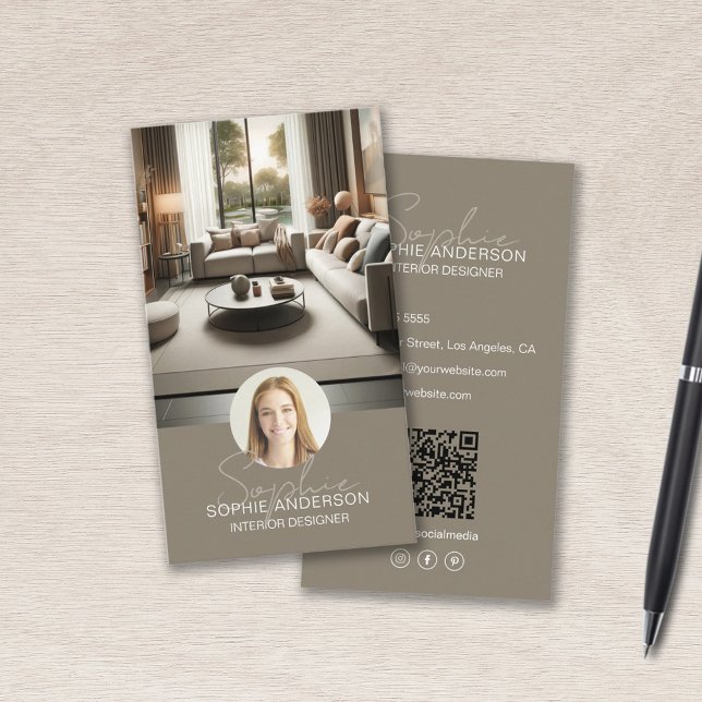 Interior Designer Script Name Photo QR Taupe Business Card (Interior Designer Script Name Photo QR Taupe Business Card)