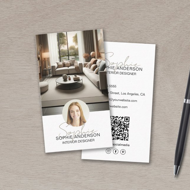 Interior Designer Script Name Photo QR White Business Card (Interior Designer Script Name Photo QR White Business Card)