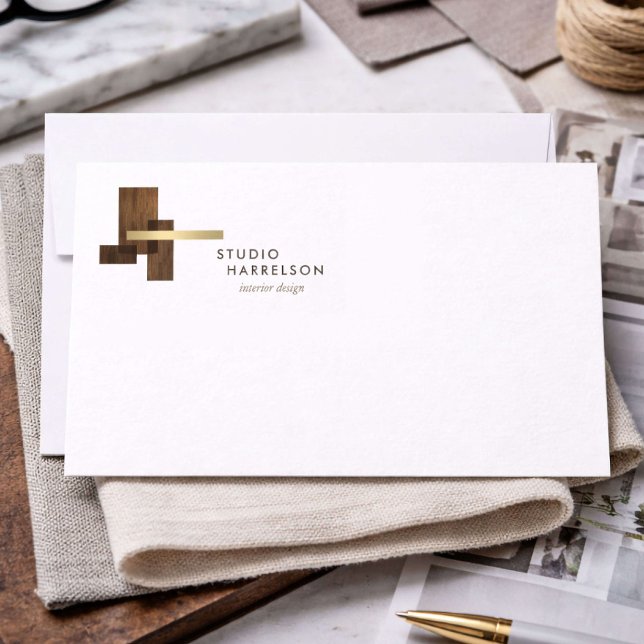 Interior Designer Wood Gold Logo Flat Notecard (Creator Uploaded)