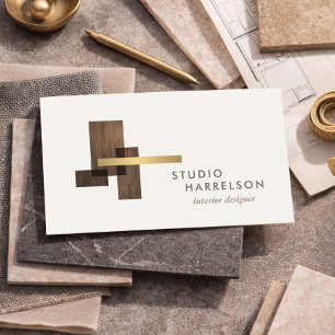 Interior Designer Wood Gold Logo Ivory Business Card