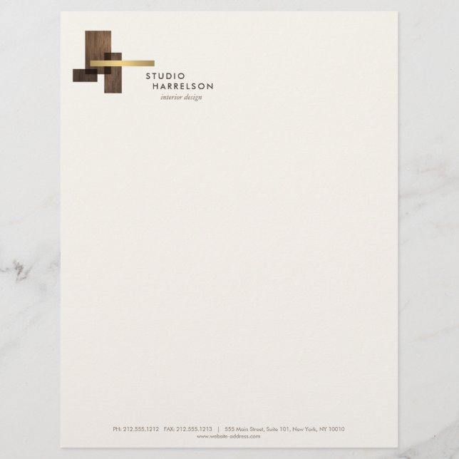 Interior Designer Wood Gold Logo Ivory Letterhead (Front)