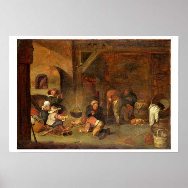 Interior of a barn with peasants warming themselve poster (Front)