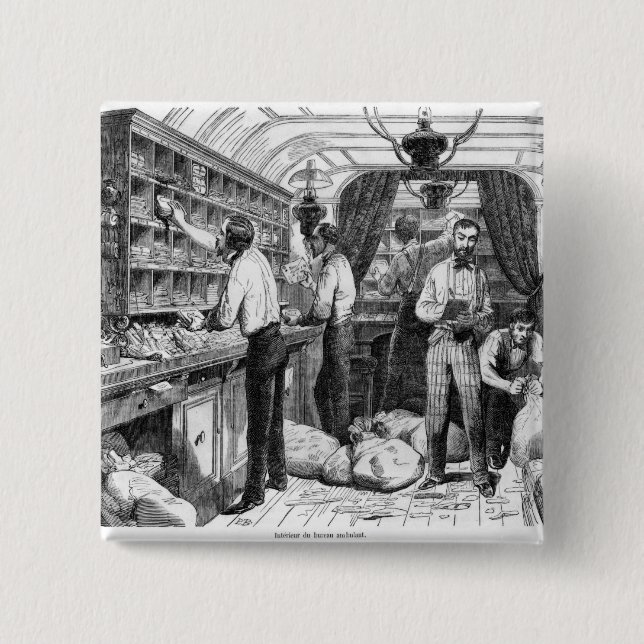 Interior of a French railway postal wagon 2 Inch Square Button (Front)