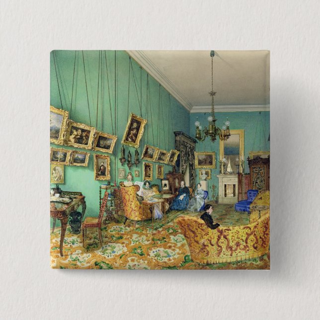Interior of a living room, 1847 2 inch square button (Front)
