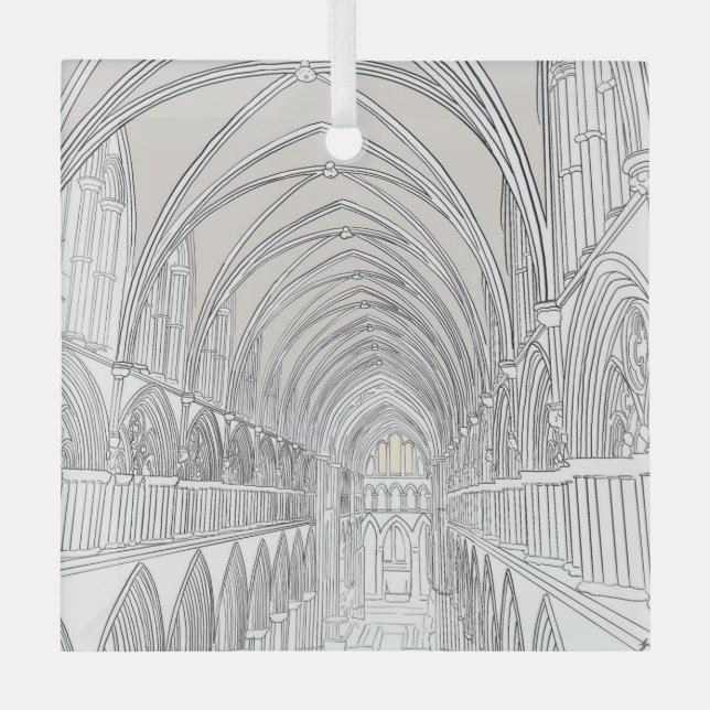 Interior of Salisbury Cathedral | Line Drawing Glass Ornament (Front)