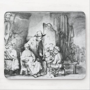 Interior of studio with painter painting mouse pad