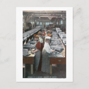 Interior View of Salmon Cannery Workers Postcard