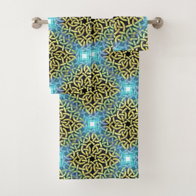 Interlacing Victorian Golden Trim Aqua Background Bath Towel Set (Insitu)