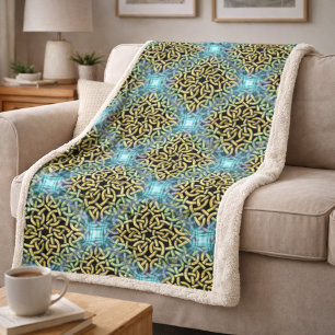 Interlacing Victorian Golden Trim Aqua Background Sherpa Blanket
