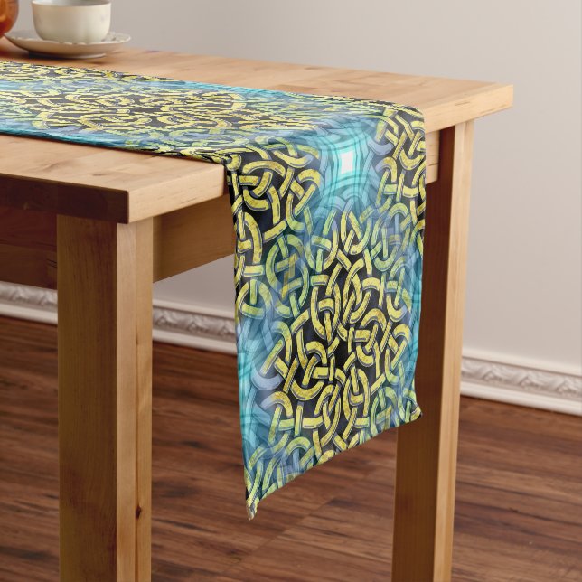Interlacing Victorian Golden Trim Aqua Background Short Table Runner (In Situ)