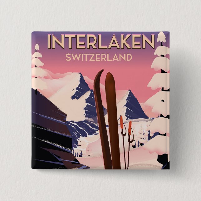 Interlaken Switzerland Ski travel poster. 2 Inch Square Button (Front)