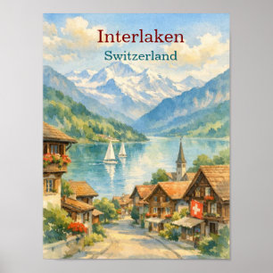 Interlaken Switzerland watercolor vintage travel  Poster