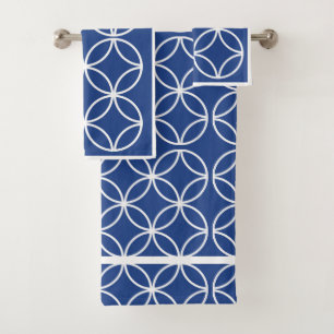 Interlocked circles petals diamonds blue and white bath towel set