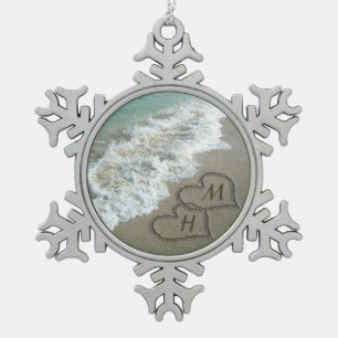 Interlocking Hearts on Beach Sand Snowflake Pewter Christmas Ornament