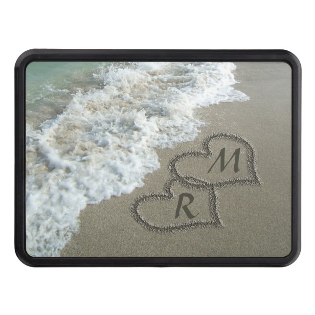 Interlocking Hearts on Beach Sand Trailer Hitch Cover (Front)
