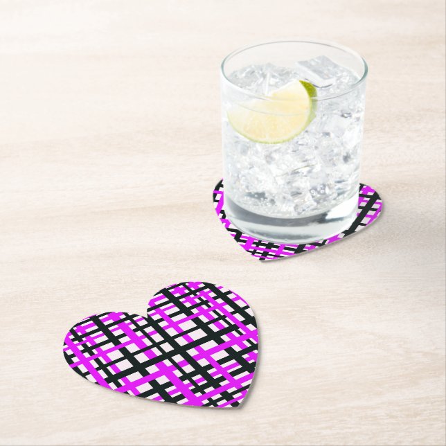 Interlocking Stripes Black White Pink Paper Coaster (Insitu)