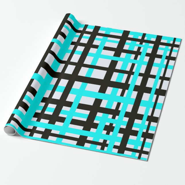 Interlocking Stripes Black White Teal Wrapping Paper (Unrolled)