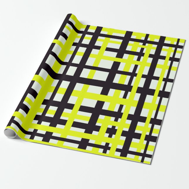 Interlocking Stripes Black White Yellow Wrapping Paper (Unrolled)