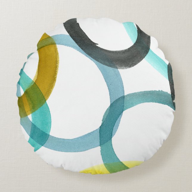 Interlocking Yellow & Blue Circles Round Pillow (Front)
