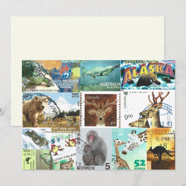 International Animal Postage Stamp Collage Card (Front/Back)