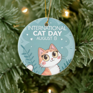 International Cat Day Cute Whimsical Cat Art Ceramic Ornament