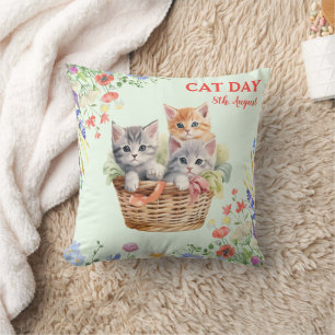 International Cat Day Watercolor Wildflower Throw Pillow