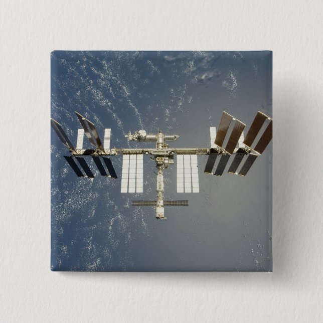 International Space Station backdropped 2 Inch Square Button (Front)