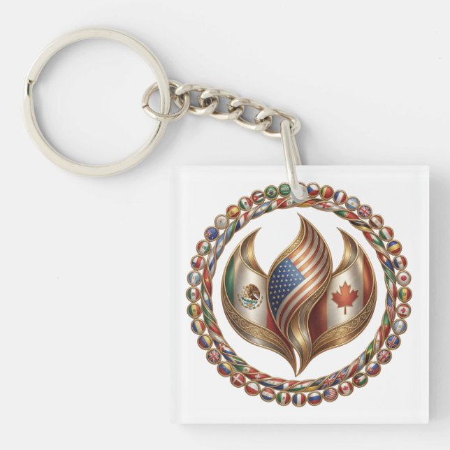 International Unity Flame with World Flags Emblem  Keychain (Front)