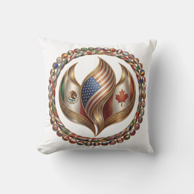 International Unity Flame with World Flags Emblem  Throw Pillow (Front)