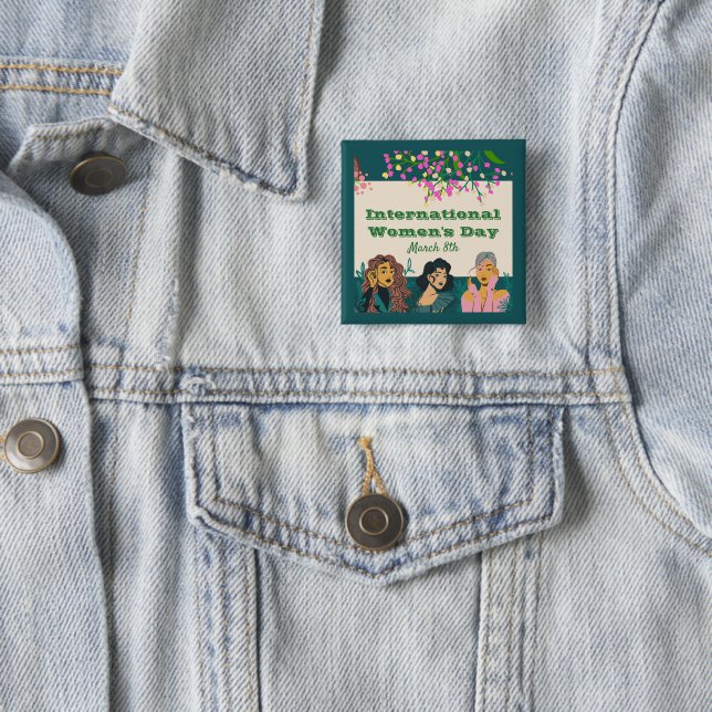  International Women's Day March 8th Floral 2 Inch Square Button (In Situ)