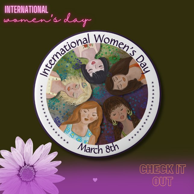 International Women's Day multi-ethnic portrait 4 Inch Round Button (International Women's Day multi-ethnic portrait Button)
